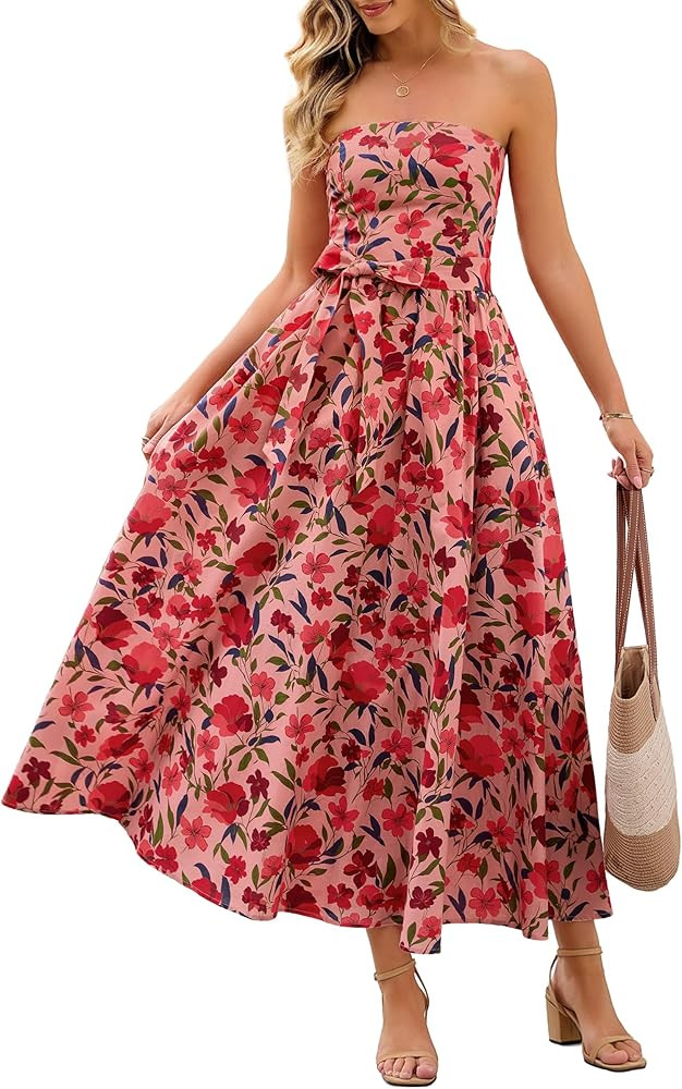 MEROKEETY Women's Summer Floral Maxi Dresses 2026 Strapless Tube Smocked Tie Boho Beach Wedding G... | Amazon (US)