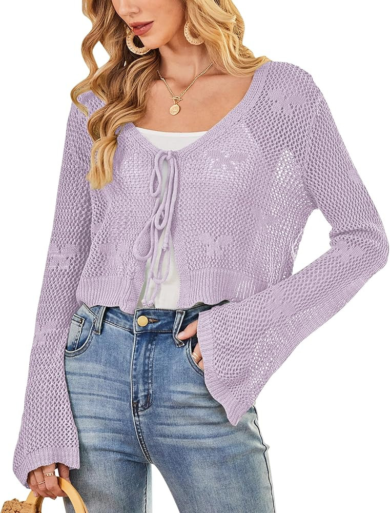 Balimtoy Women Tie Front Cardigan Crochet Sweater Crop Tops Cute Bell Long Sleeve Knit Shrug Beac... | Amazon (US)