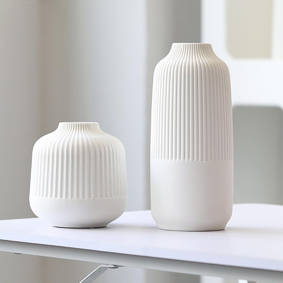 Matte White Vases Home Decor Stripe Centerpieces Modern Boho Ceramic Set of 2 for Flowers Pampas ... | Amazon (US)