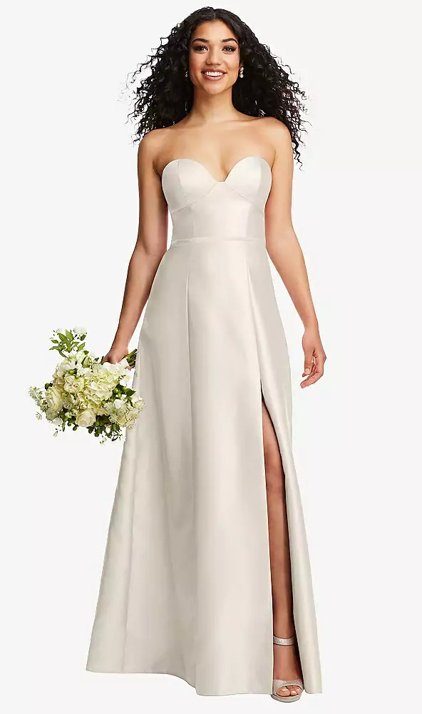Strapless Bustier A-Line Satin Gown with Front Slit in Ivory | The Dessy Group