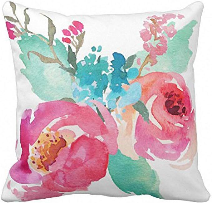 Emvency Throw Pillow Cover Flowers Watercolor Peonies Pink Turquoise Summer Girly Decorative Pill... | Amazon (US)