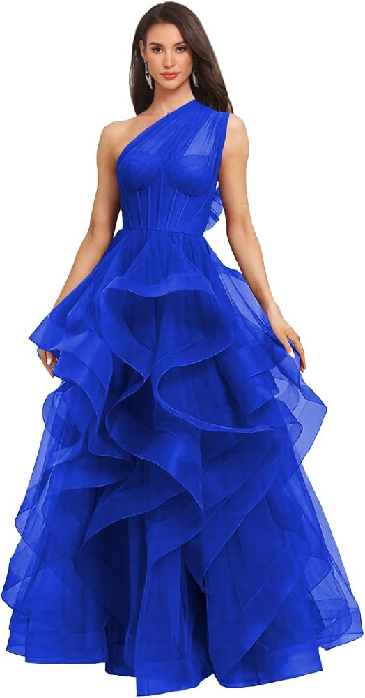 Tulle Ruched Prom Dress Long with Tiered for Women A Line V Neck Ball Gown Empire Waist Evening G... | Amazon (US)