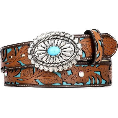 Vintage Country Belts For Cowgirl Jeans Dresses Ladies Concho Belt With Turquoise Buckle Dark Brown With Silver Turquoise Buckle M Fit Pant 30-35in | Target