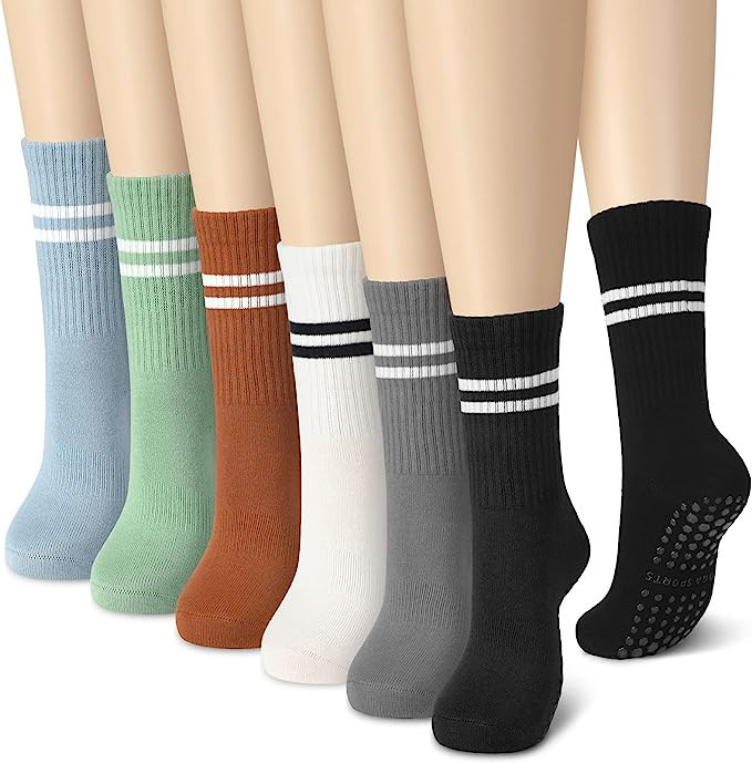 6 Pairs Women Long Pilates Grip Socks with Non Slip Grippy Hospital Socks with Stripe for Sports ... | Amazon (US)
