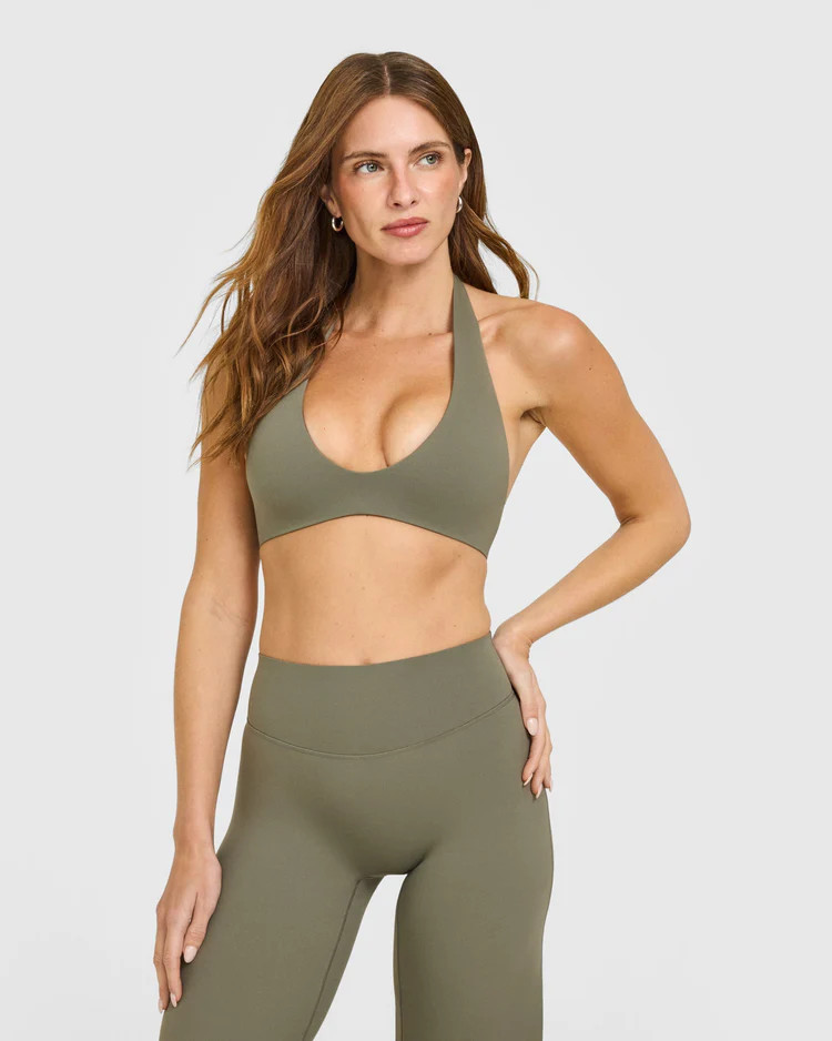 SoftMotion™ Minimal Halter Neck Bralette with White Logo 
 Alpine Green | Oner Active (UK / US)