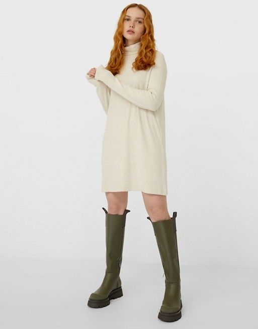 Stradivarius super soft roll neck knit dress in beige | ASOS (Global)