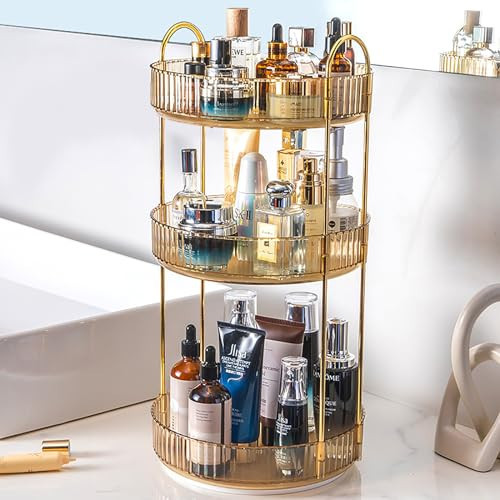 Zufudo Rotating Makeup Organizer Countertop 3 Tier Lazy Susan Trays Clear Skincare Perfume Storage for Bathroom Counter Vanity, Amber Gold | Amazon (US)