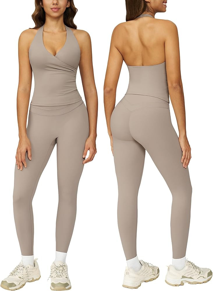 ABOCIW Two Piece Workout Sets for Women Wrap Halter Tank Top High Waist Leggings Yoga Pilates Out... | Amazon (US)