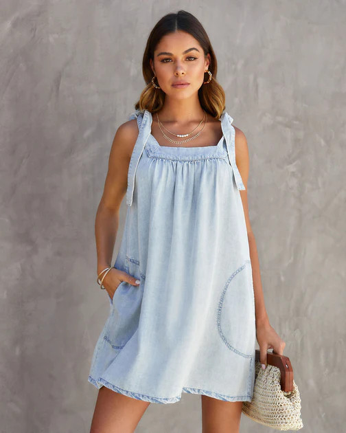 Sammi Chambray Shoulder Tie Pocketed Mini Dress - SALE | VICI