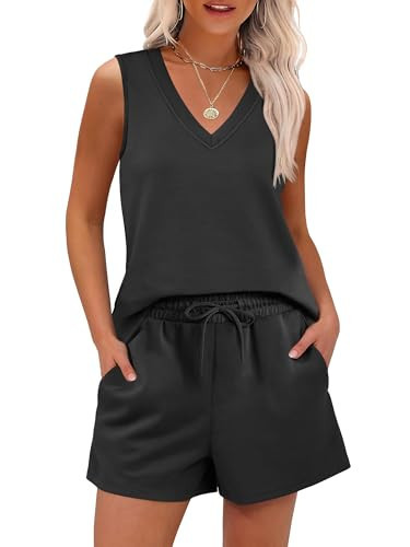 ANRABESS Two Piece Sets for Women 2026 Summer Outfits Short Matching Lounge Set Casual V Neck Beach Vacation Travel Clothes Black Small | Amazon (US)