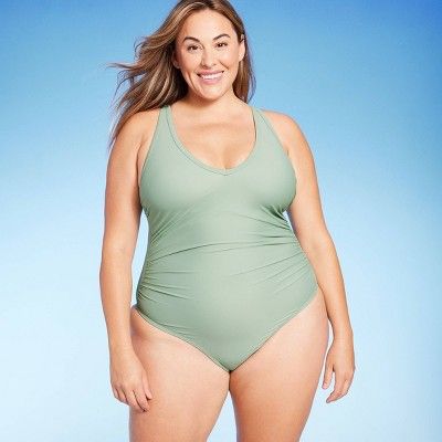 Women's V-Neck Over the Shoulder High Leg One Piece Swimsuit - Kona Sol™ Sage Green | Target
