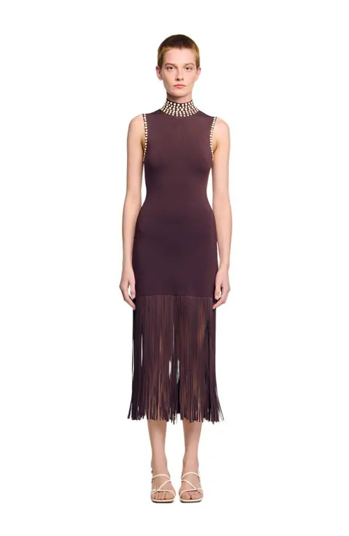 SANDRO Fringed knit midi dress in Brown at Nordstrom, Size 34 Eu | Nordstrom