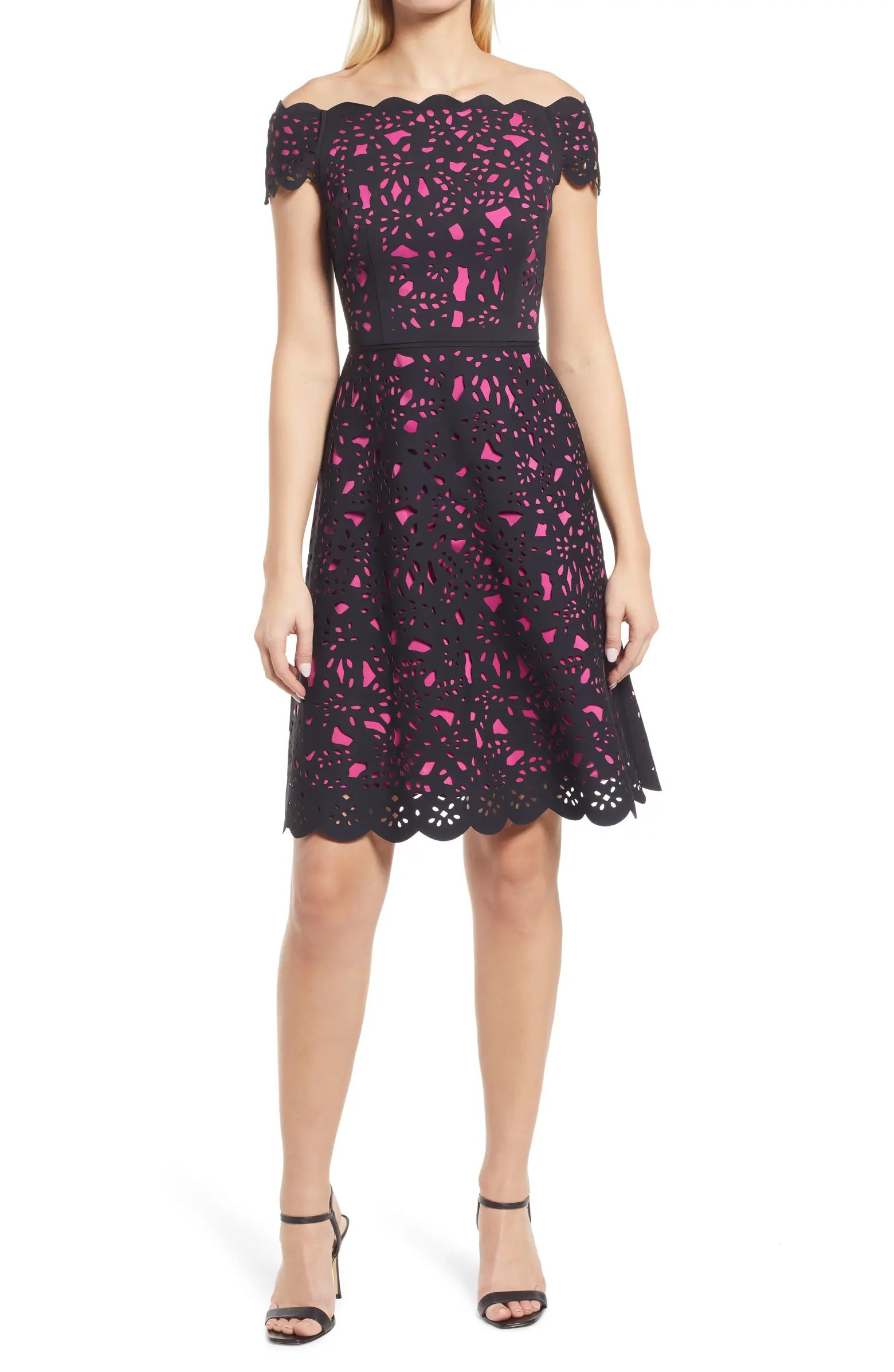 Laser Cut Floral Off the Shoulder Fit & Flare Cocktail Dress | Nordstrom