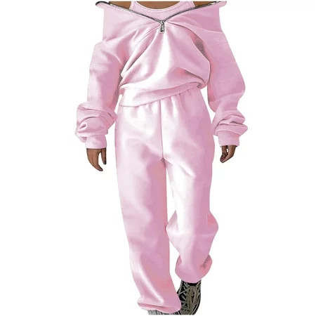 QUYUON Women Sweatsuit Sets 2 Piece Outfits Zipper up Long Sleeve Sweatshirt and Jogger Sweatpants Tracksuit Two Piece Outfits High Neck Pullover Tops Long Pant Lounge Sets Pink M | Walmart (US)