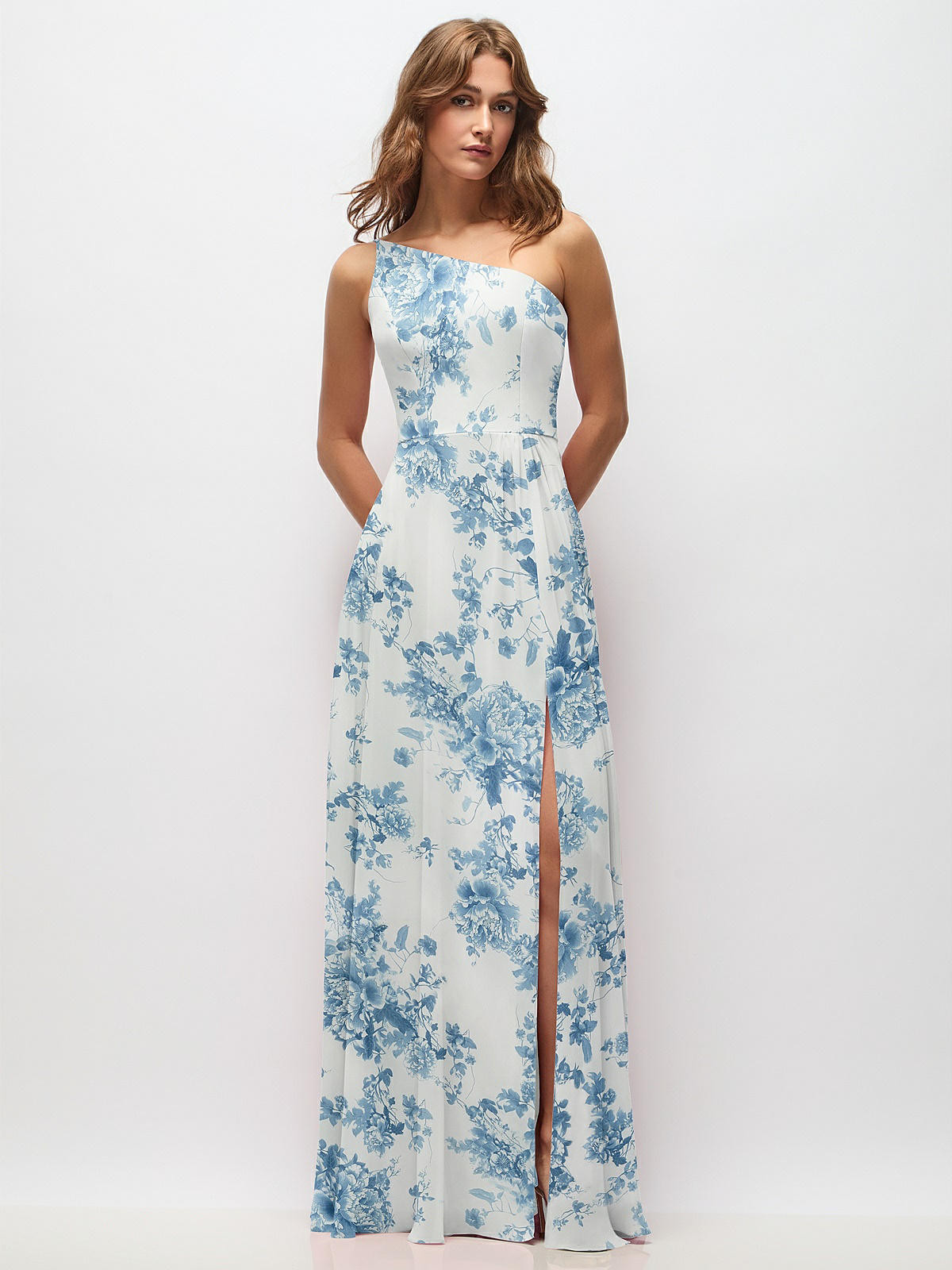 One-Shoulder Chiffon Maxi Dress with Shirred Front Slit | The Dessy Group