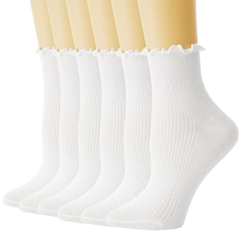 TOAMOUR Womens Ruffle Socks, 6 Pairs Turn-Cuff Crew Socks, Cotton Frilly Ankle Socks, White Lettuce Edge Boot Socks | Amazon (US)
