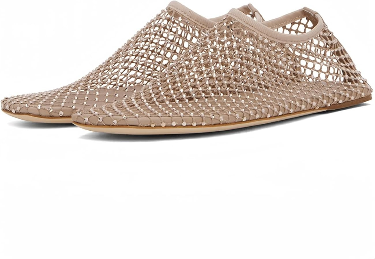 Mesh Ballet Flats Round Toe Shiny Gem Mesh Flats Rhinestone Short Boots Sexy Sandals Cutout Spark... | Amazon (US)