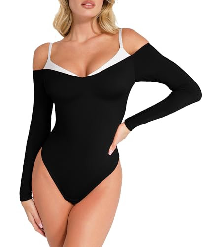Popilush Black Long Sleeve Bodysuit Off The Shoulder Tops For Women Tummy Control Body Suit Built In Bra | Amazon (US)