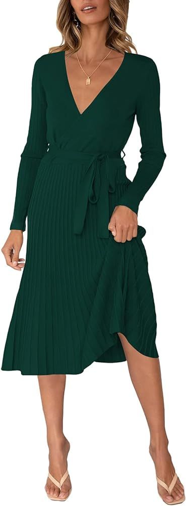 VamJump Womens Wrap V Neck Sweater Dress Long Sleeve Pleated Midi Dresses with Belt | Amazon (US)