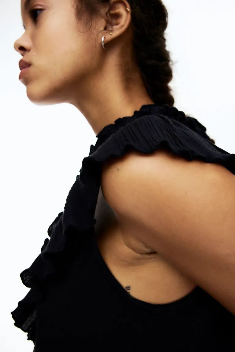 Ruffle-trimmed Cotton Top - Black - Ladies | H&M US | H&M (US + CA)