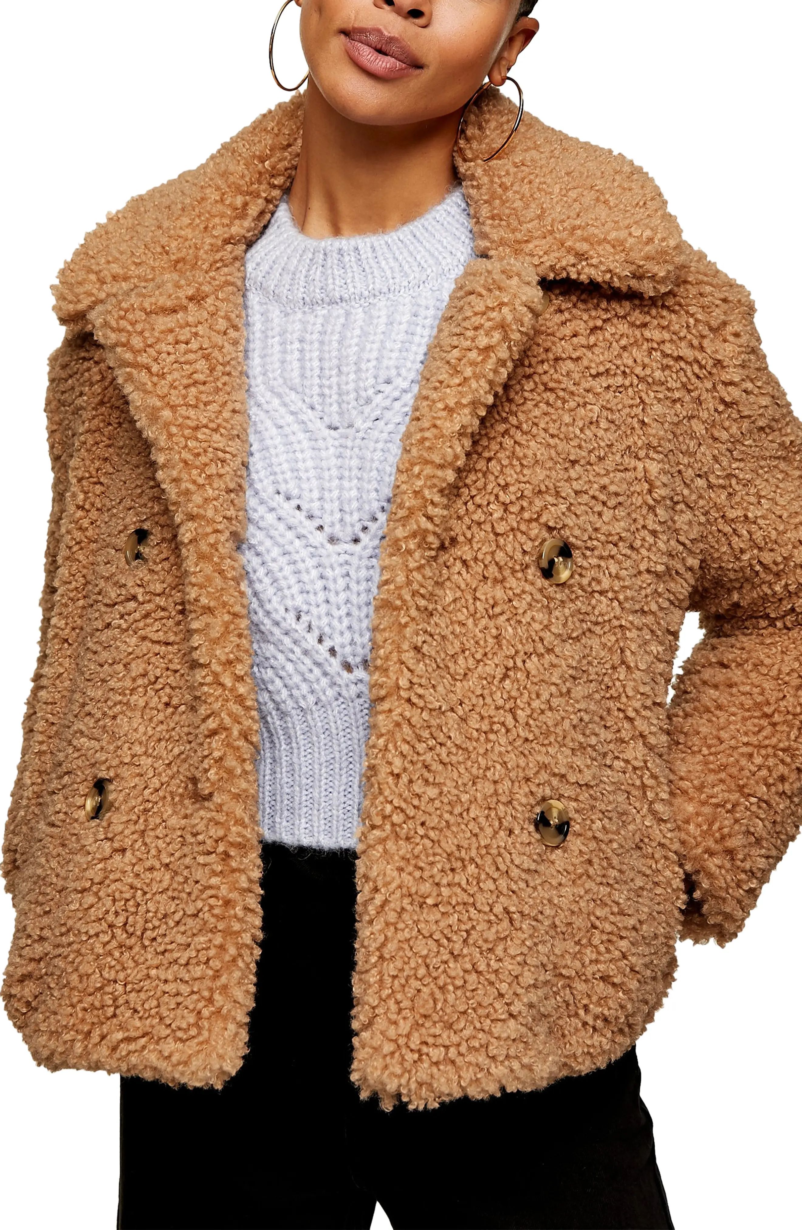 Women's Topshop Ami Borg Faux Fur Jacket, Size 10 US - Beige | Nordstrom