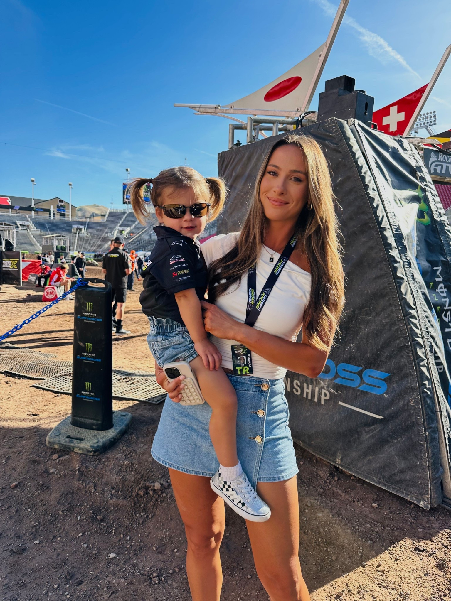 Race day fit with my mini! 

Supercross fit | dirt bikes | checkered | mama and me | toddler race fit | triumph racing | white off the shoulder top | white womens top | skort | summer outfit | jean skort | skirt with gold buttons | toddler vans |women’s sambas

#LTKKids #LTKStyleTip #LTKBeauty