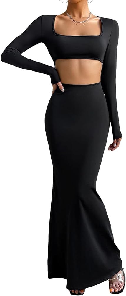 Verdusa Women's Backless Square Neck Cut Out Long Sleeve Fishtail Bodycon Maxi Dress | Amazon (US)