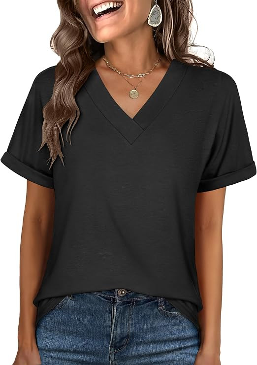ANRABESS Womens T Shirts Short Sleeve V Neck Shirts Summer Loose Fit Dressy Tops Business Casual ... | Amazon (US)