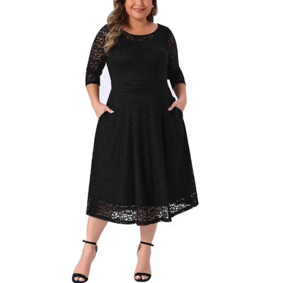 Agnes Orinda Women's Plus Size Formal Dress Floral Lace Round Neckline 3/4 Sleeves Midi A Line Dresses 3X Black | Target
