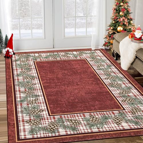 COZYLOOM Red Rugs for Living Room 8x10 Non Slip Christmas Washable Area Rug, Low Pile Pine Cones Decoration Soft Accent Carpet, Stain Resistant Foldable Floor Mats for Bedroom, Nursery, Holiday Decor | Amazon (US)