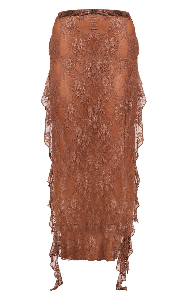 Mocha Lace Side Split Ruffle Detail Maxi Skirt | PrettyLittleThing US