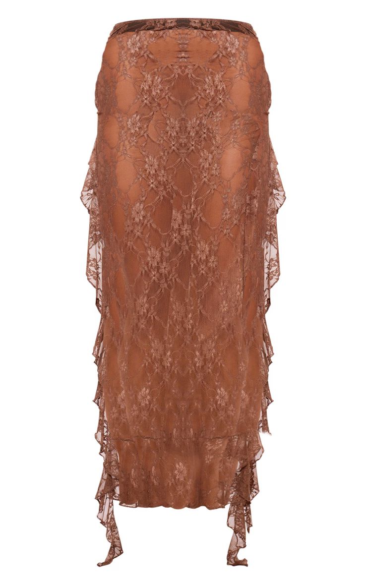 Mocha Lace Side Split Ruffle Detail Maxi Skirt | PrettyLittleThing US