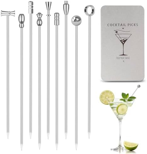 Metal Martini Cocktail Picks 9 Pcs, 4.1 in Olive Skewers Stainless Steel, Martini Garnish Sticks ... | Amazon (US)