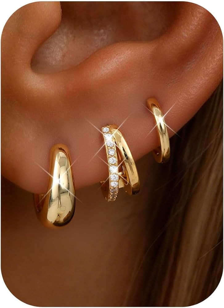 MILACOLATO 3 Pairs Small 14K Gold Plated Hoop Earrings for Women Trendy Hypoallergenic Silver Ear... | Amazon (US)