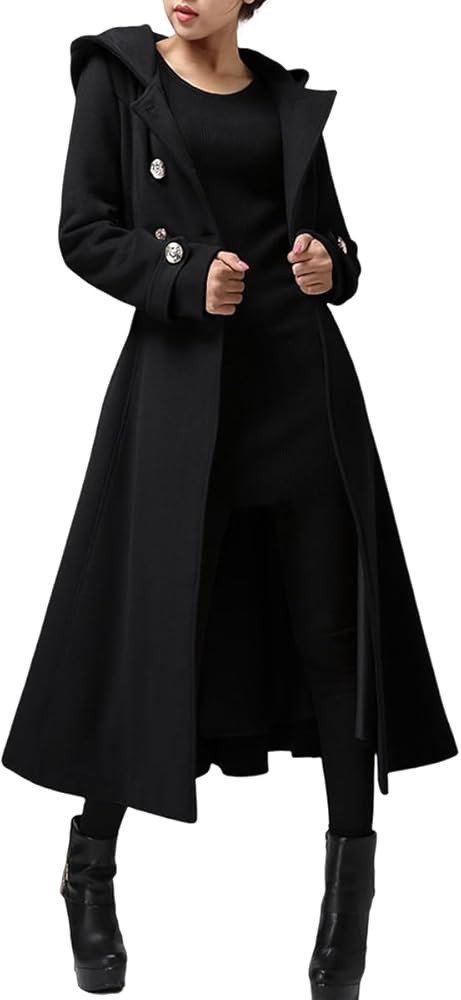 Cicy Bell Womens Long Double-Breasted Hooded Coat Winter Warm Wool Trench Coat with Belts | Amazon (US)