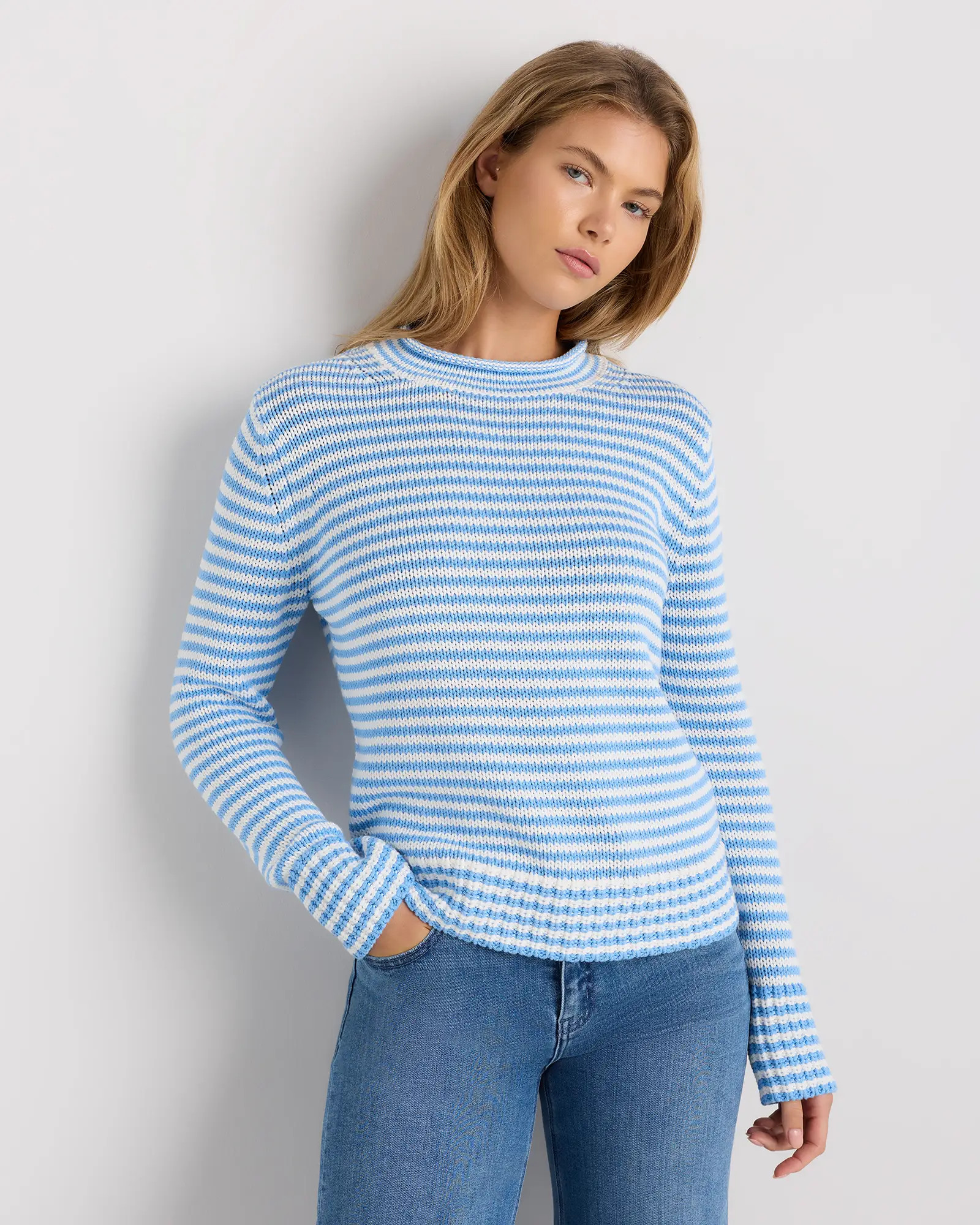 Women's 100% Organic Cotton Roll Neck Sweater in Cornflower Mini Stripe | Quince