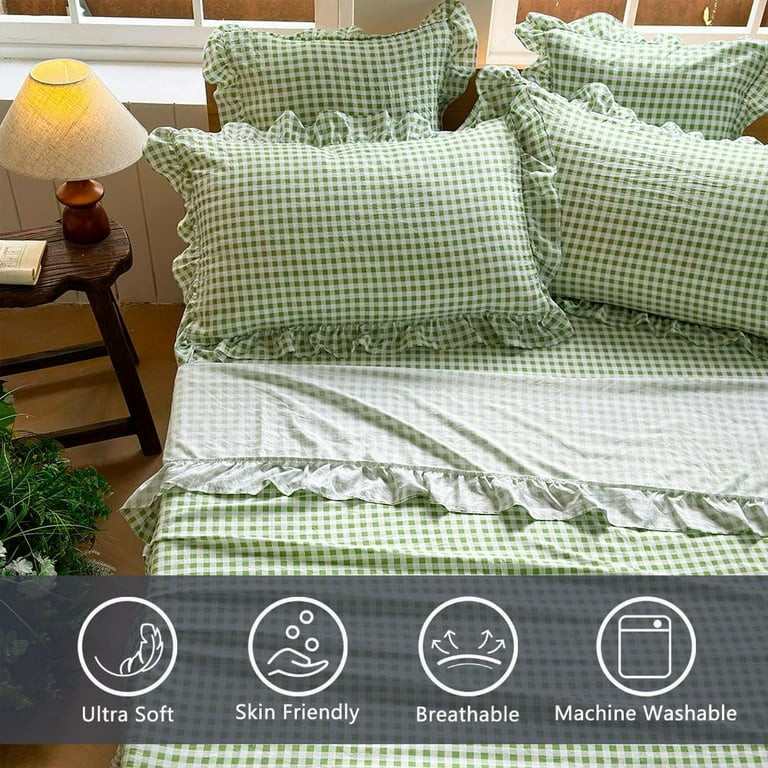 Sage Green Gingham Ruffle Queen Sheet Set, Green Soft Pre-Washed Microfiber Plaid Ruffled Queen B... | Walmart (US)