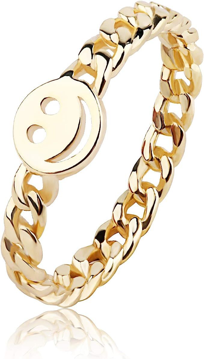Gold Smiley Face Ring Happy Face Ring with Cute Chain Link Good Luck Stackable Rings for Women | Amazon (US)