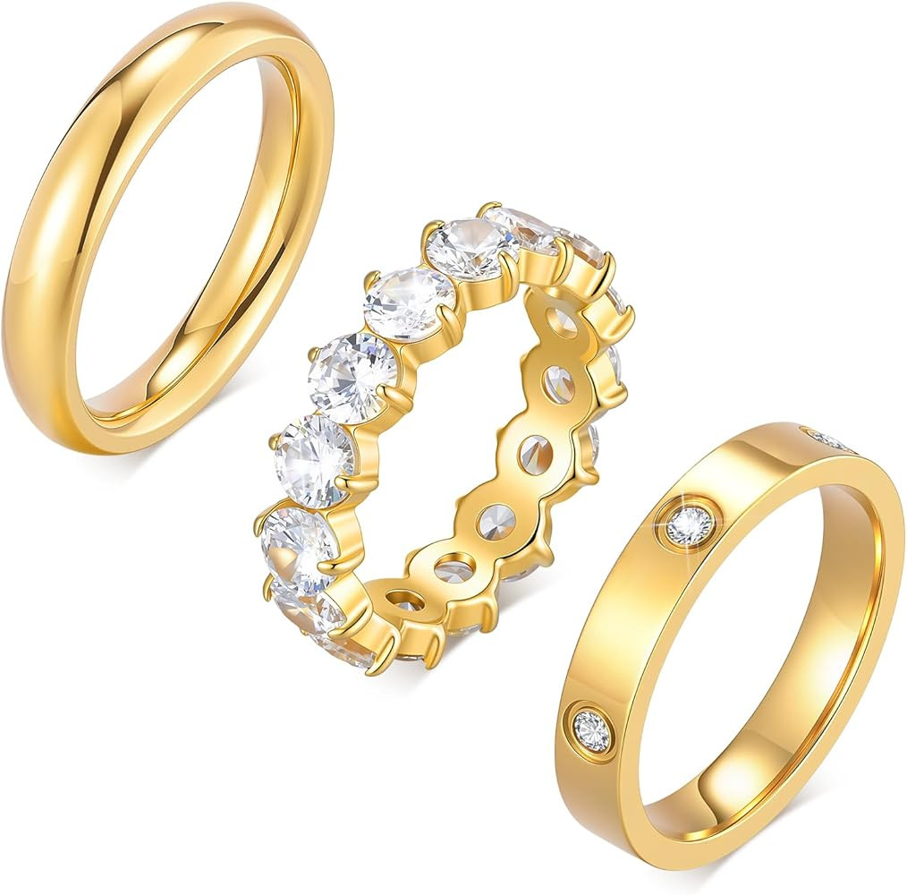 Stackable Gold Rings for Women - 3Pcs 18K Gold Plated Ring, Stainless Steel Cubic Zirconia Bands,... | Amazon (US)