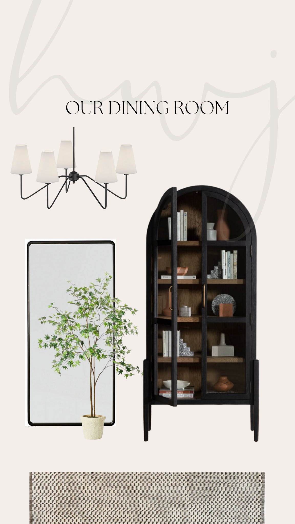 Dining room decor

Chandelier, arch cabinet, floor mirror, rug

#LTKhome