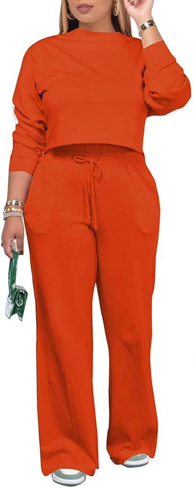 PINSV Women's 2 Piece Outfits Sweatsuit Set Long Sleeve Crop Top Drawstring Wide Leg Pants with P... | Amazon (US)