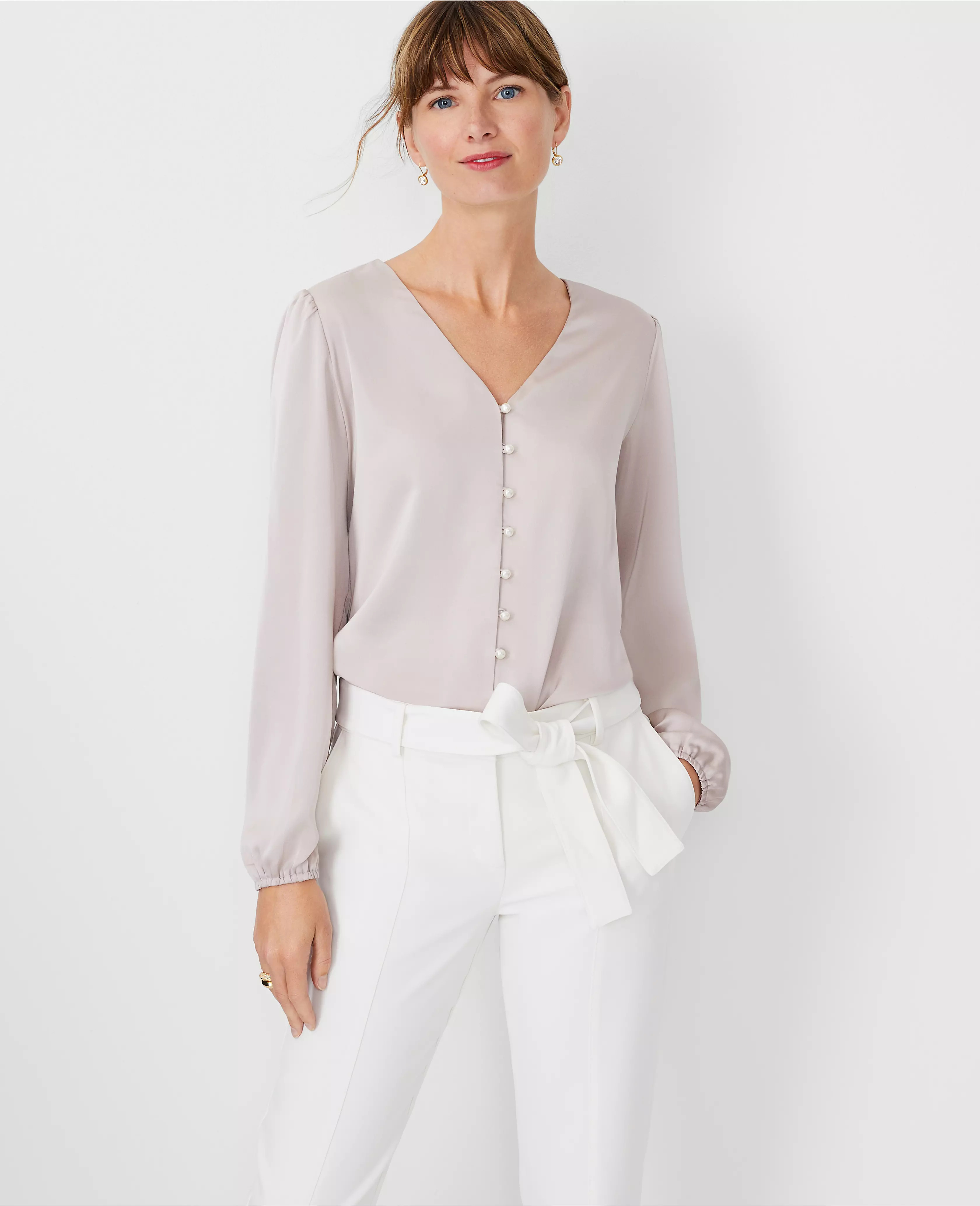 Pearlized Button Shimmer Mixed Media Top | Ann Taylor (US)