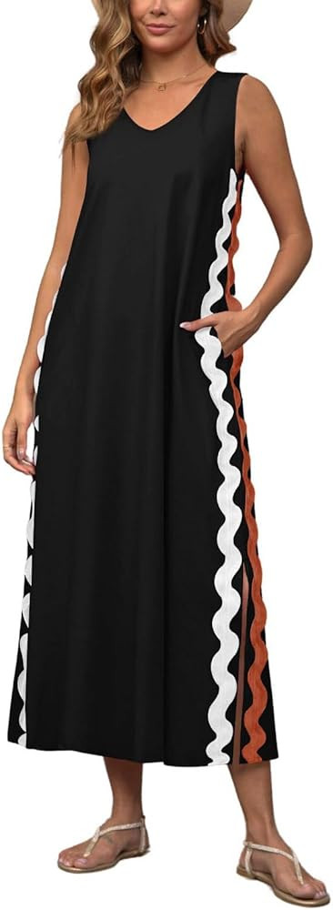 utcoco Women's Summer Beach Boho Linen Dress Casual Sleeveless V Neck Side Slit RIC Rac Tank Dres... | Amazon (US)