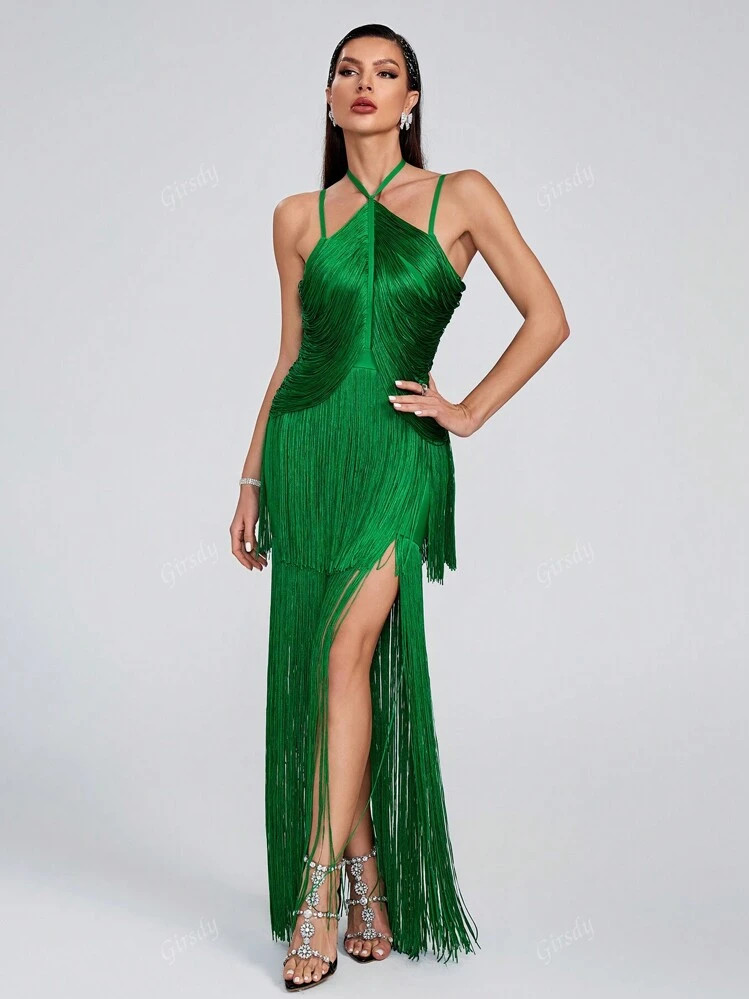 Green Stylish Tassel Bandage Long Dress, Elegant Cocktail Gown For Women, Wedding Event Dress, Se... | SHEIN