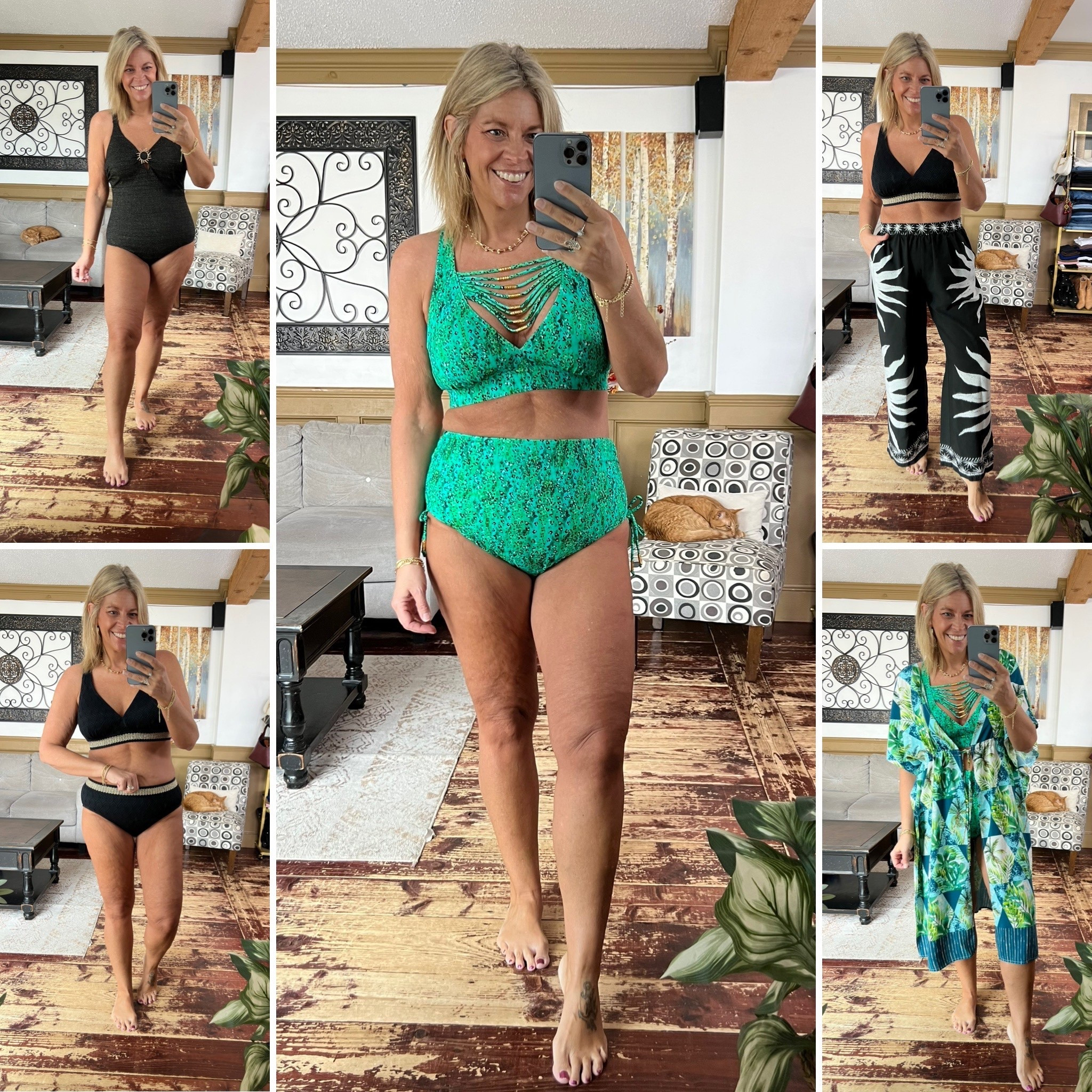 Size up one in the 2 pieces - I’m wearing the 14, one piece size 12 (my true size), coverups fit true to size, pants 12/14.

#LTKSeasonal #LTKMidsize #LTKOver40