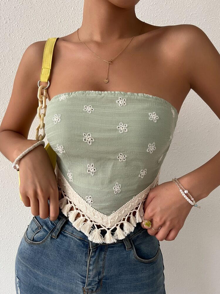 Tie Backless Tassel Trim Schiffy Tube Top | SHEIN