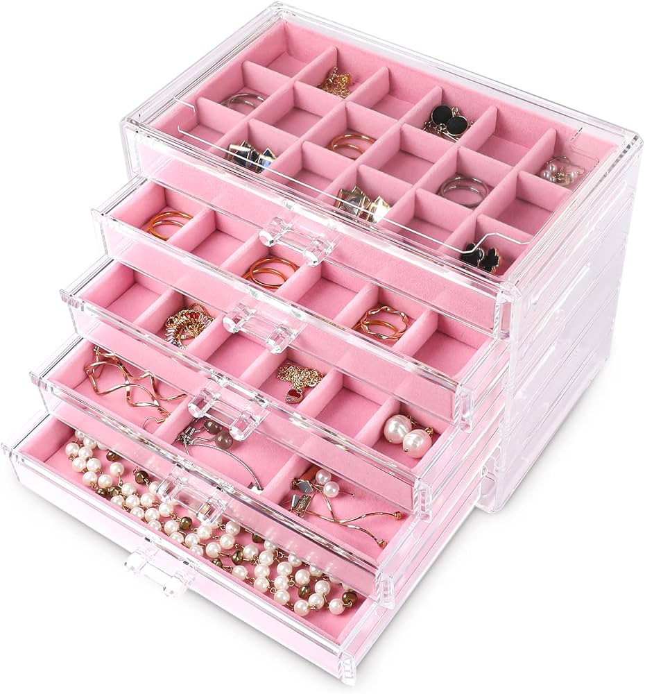 Frebeauty Acrylic Jewelry Organizer Earring Organizer Box with 5 Drawers Earring Holder Organizer... | Amazon (US)