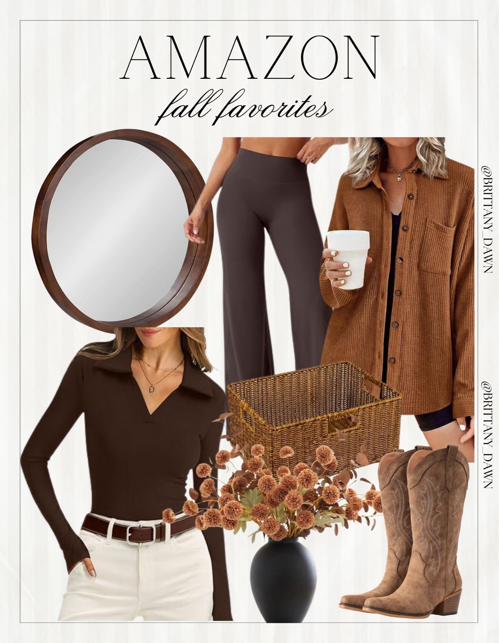 Transitioning into autumn with rich chocolate and rust tones! 🍂

High-waisted wide-leg pants, sleek polo knits, waffle button-downs, and classic Western boots for effortless layering.

Finish off your space with a round wooden mirror, woven storage basket, and dried floral stems. 🌾✨

#AmazonFashion #AmazonHome #FallStyle #LTKfashion #AutumnOutfit #CozyHome #WesternBoots #OOTD #AmazonFinds

#LTKootd #LTKSeasonal #LTKHome
