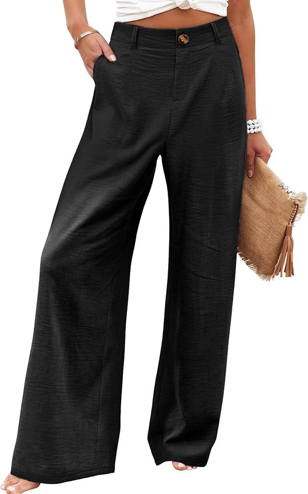 Hooever Womens Cotton Linen Pants Casual Button Up High Waisted Wide Leg Trousers | Amazon (US)