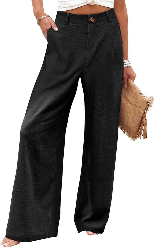 Hooever Womens Cotton Linen Pants Casual Button Up High Waisted Wide Leg Trousers | Amazon (US)